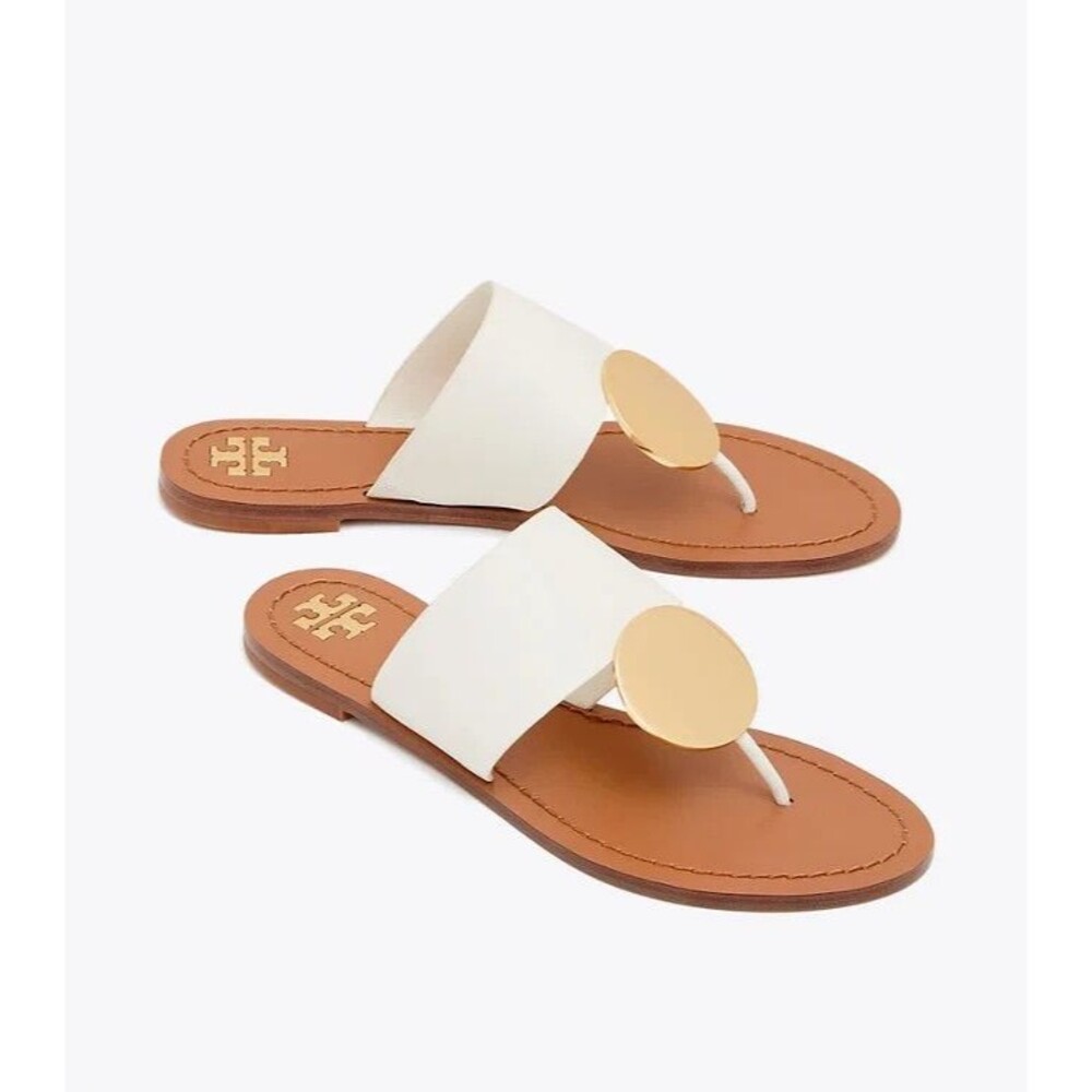 Tory Burch Patos Disk Thong Sandals White Gold Womens 9.5 - Picture 2 of 14
